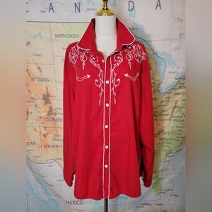 Mens Red Western Shirt with White Embroidery And Buttons Size XXL